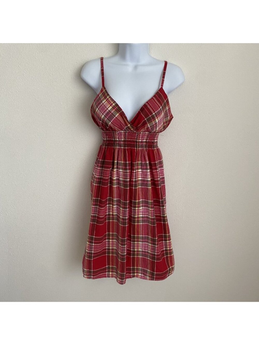 She's Cool Womens Small Vintage Y2K Gingham Sundress Picnic Red Plaid
